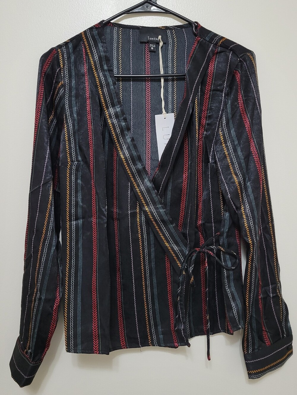 Nwt Lumiere Black Multicolor Stripe Longsleeve Wrap Top